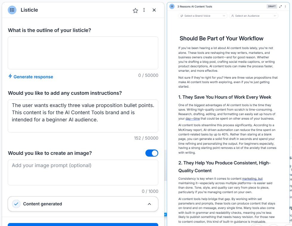 Jasper Listicle Agent with custom instructions and generated article visible together.