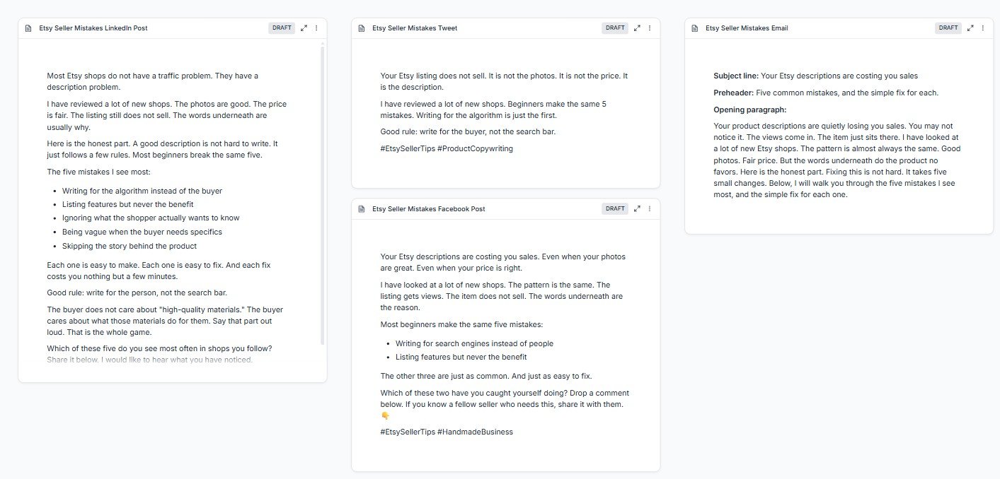 Generated LinkedIn post, tweet, Facebook post, and email from one source content