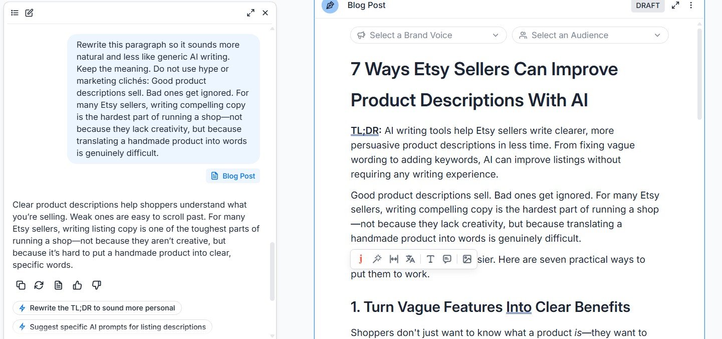 Jasper rewriting a paragraph to sound more natural and remove generic AI-style marketing language.