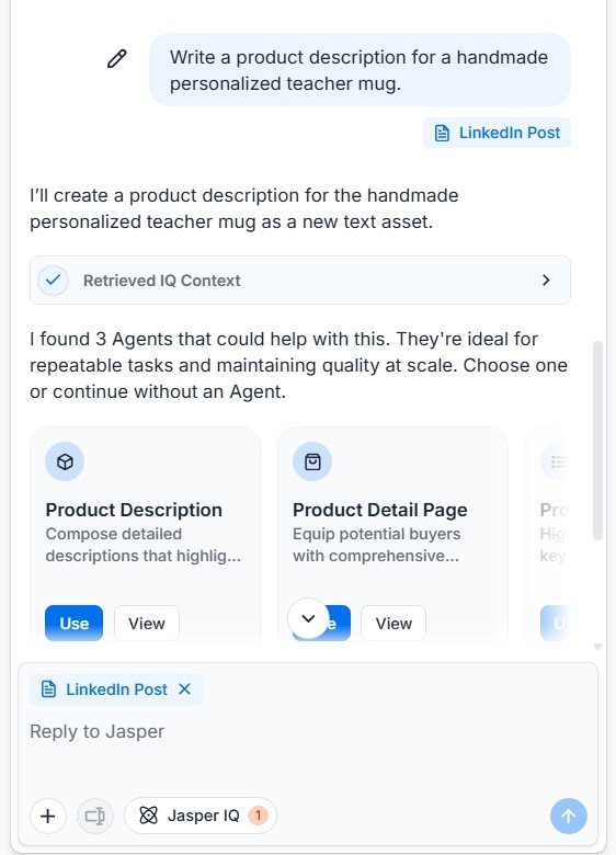 Jasper recommending Product Description and Product Detail Page agents for an ecommerce request.