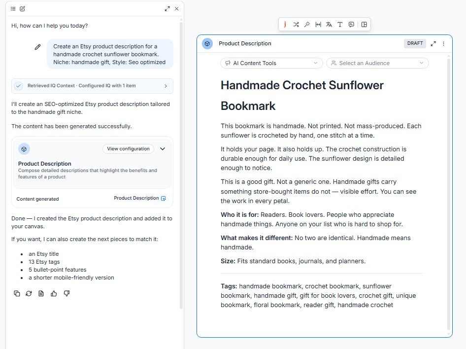 Product description generated by Jasper for a handmade crochet sunflower bookmark