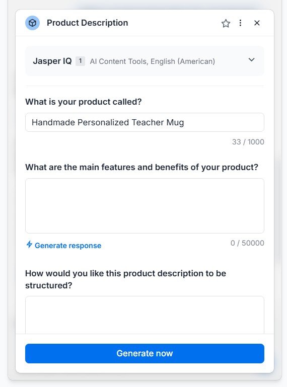 Jasper Product Description agent configured with product name, features, benefits and Brand Voice.