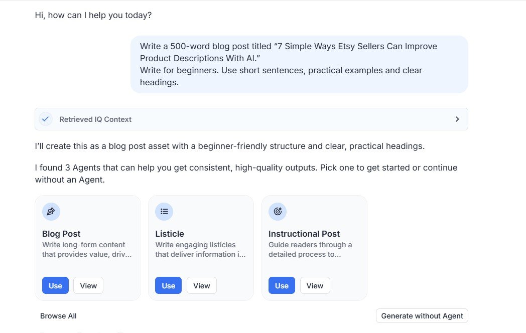 Jasper AI recommending Blog Post, Listicle and Instructional Post agents after analyzing a content creation request.