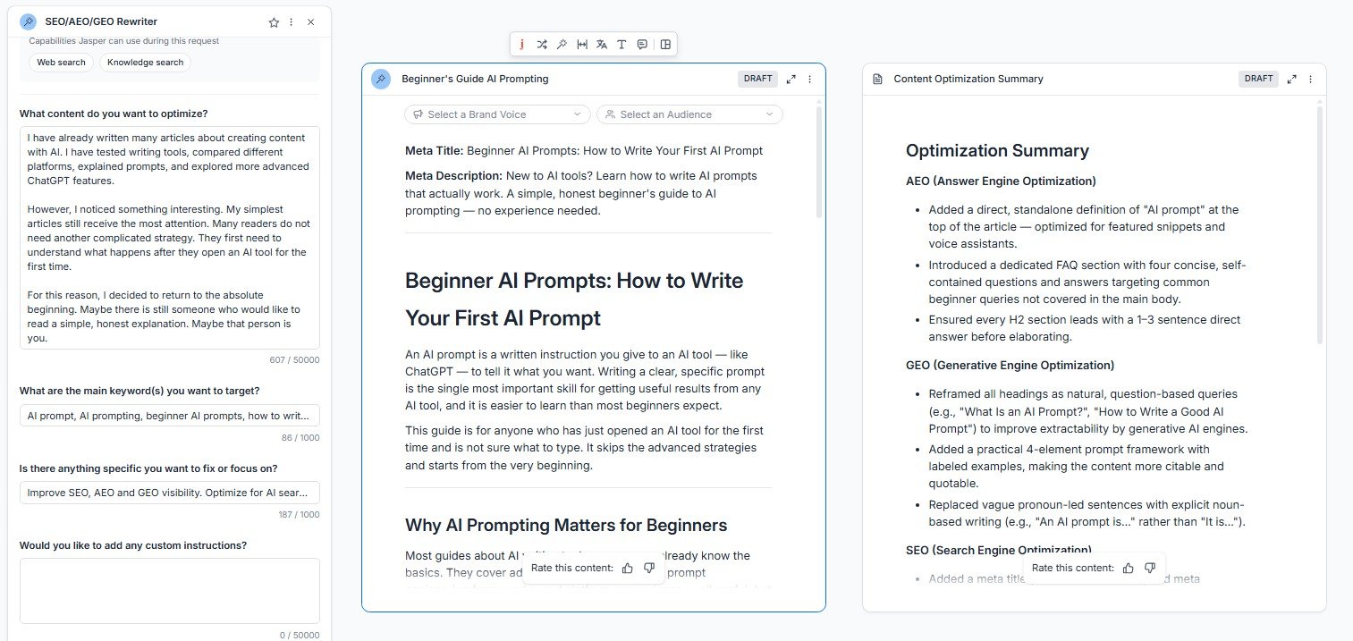 Detailed optimization report showing AEO, GEO, and SEO improvements made by Jasper