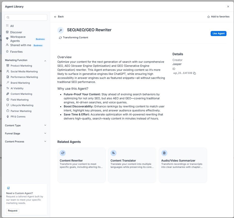 Jasper SEO AEO GEO Rewriter Agent overview showing optimization options for traditional and AI search.