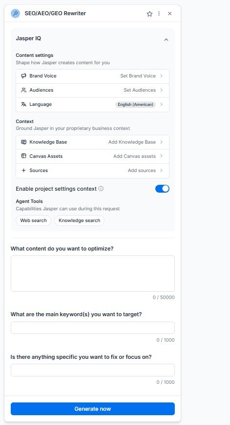 SEO optimization form with content, keyword, and improvement fields in Jasper