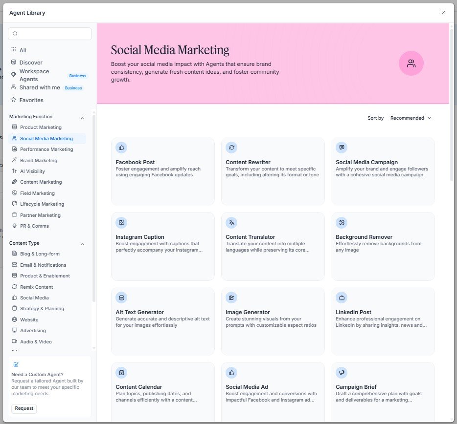 Jasper Social Media Marketing Agents category with tools for social content and campaign management.