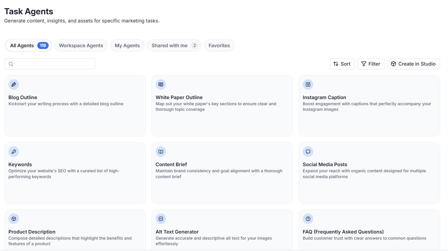 Jasper Agent Library showing task agents for blog outlines, social posts, product descriptions, FAQs and other workflows.
