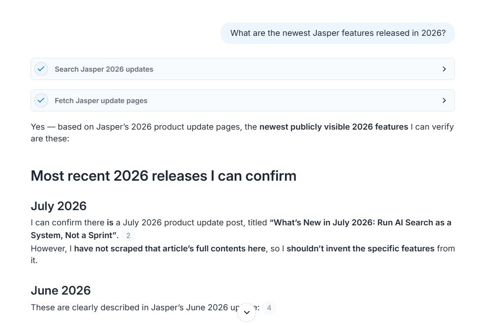Jasper using web search to research and verify the latest product feature updates without inventing details.