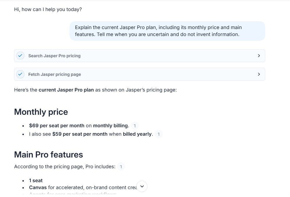 Jasper using web search to verify current Jasper Pro pricing and plan features.