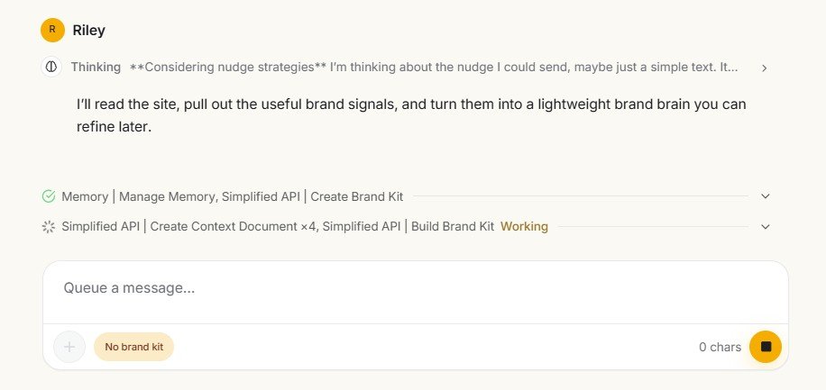 Simplified Riley creating brand context and a Brand Kit after website analysis