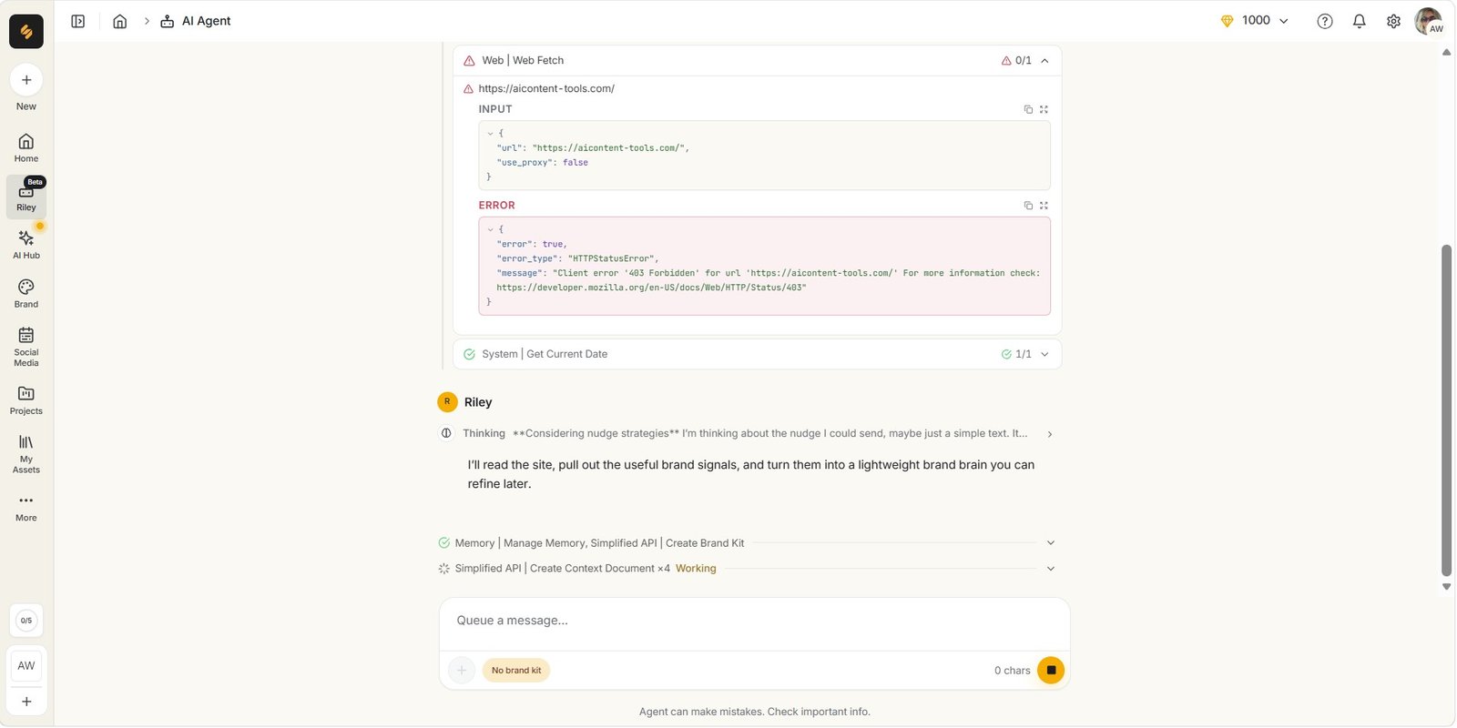Simplified AI Agent showing HTTP 403 Forbidden while trying to fetch AIContent-Tools.com