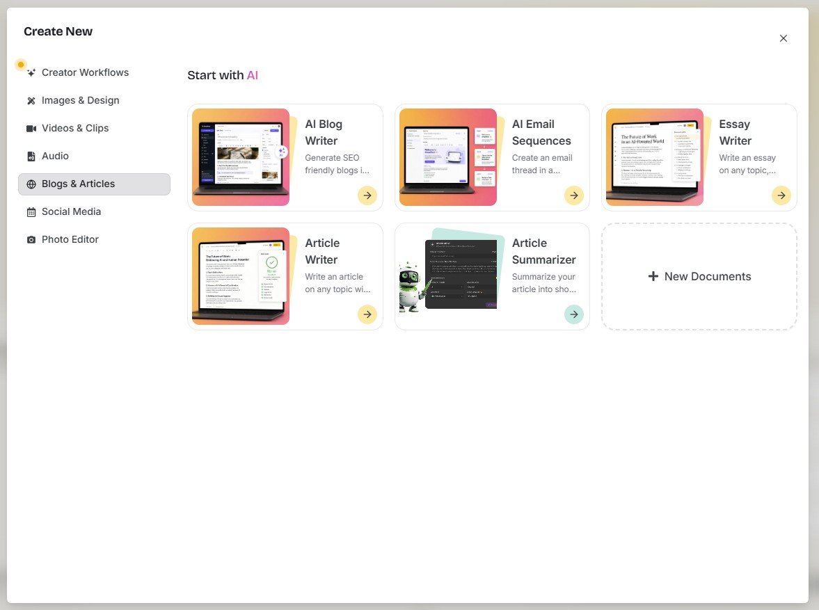 Simplified Blogs and Articles section with AI Blog Writer, Article Writer, Essay Writer and other writing tools