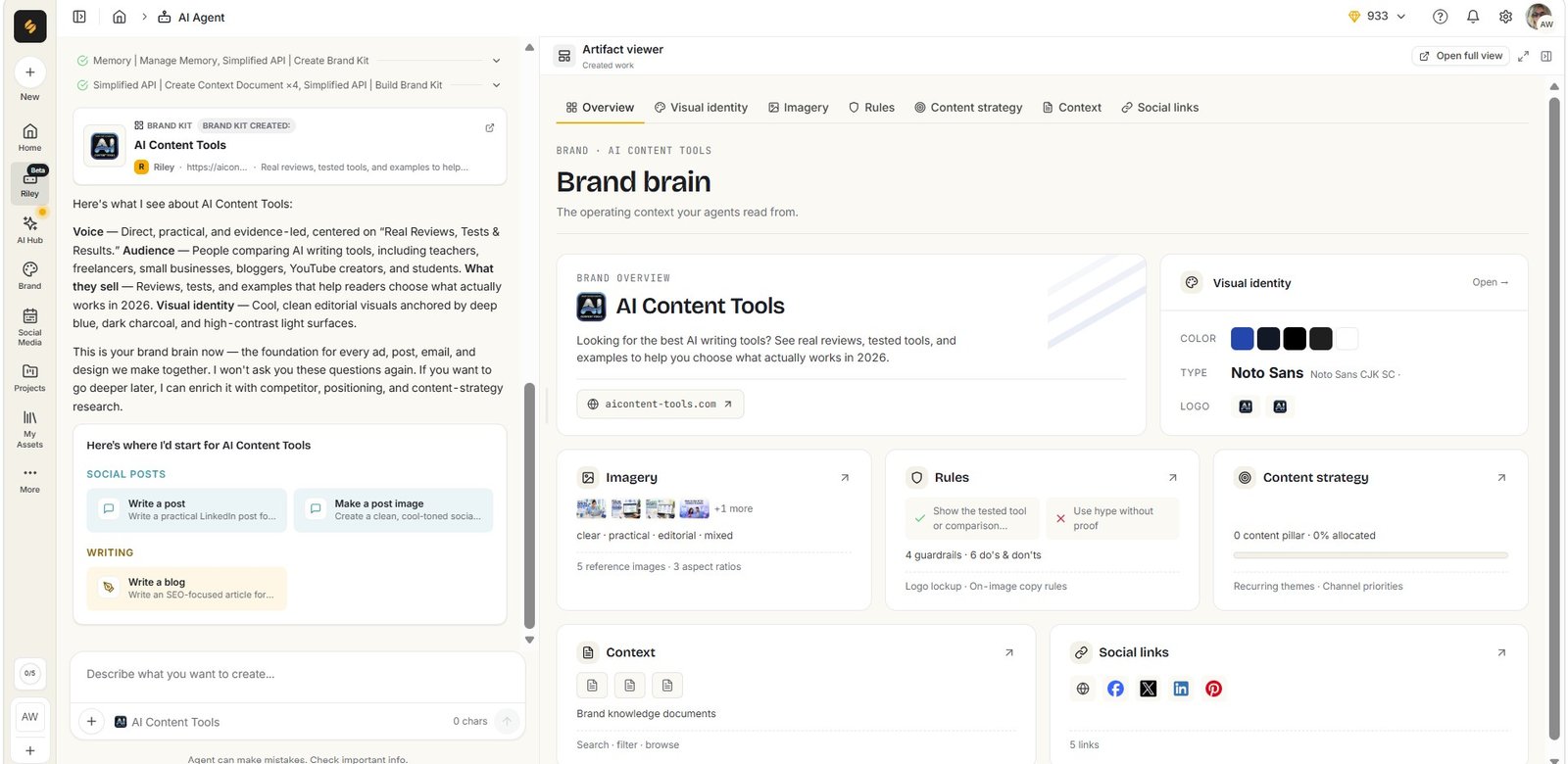 Simplified Brand Brain for AI Content Tools showing voice, audience, offer, visual identity and brand rules