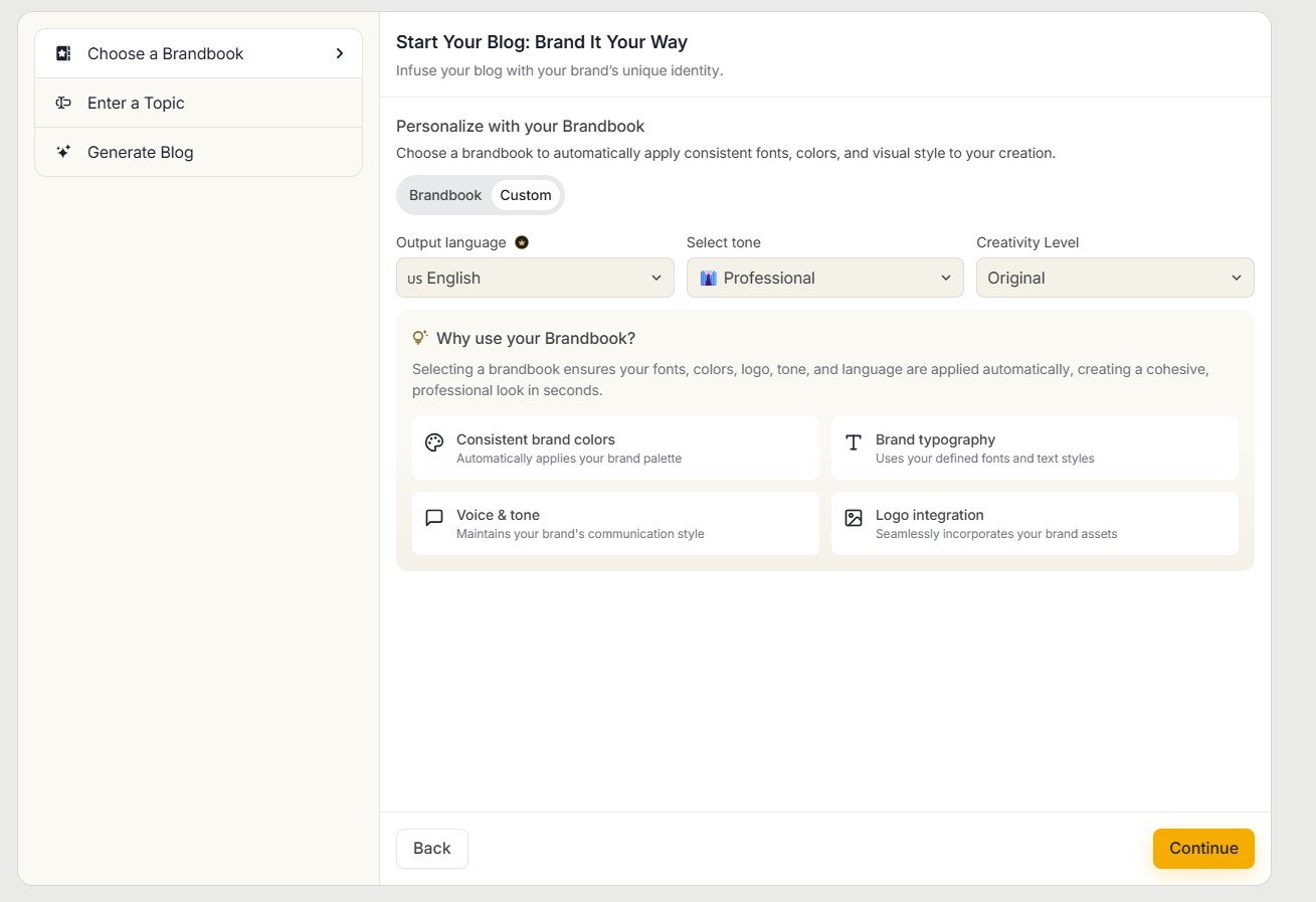 Simplified blog settings for Brandbook, output language, tone and creativity level