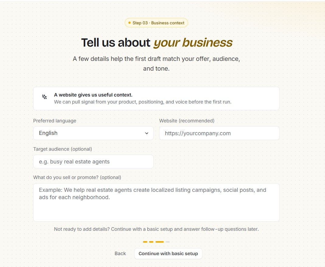 Simplified business context setup with website, language, target audience and business description fields