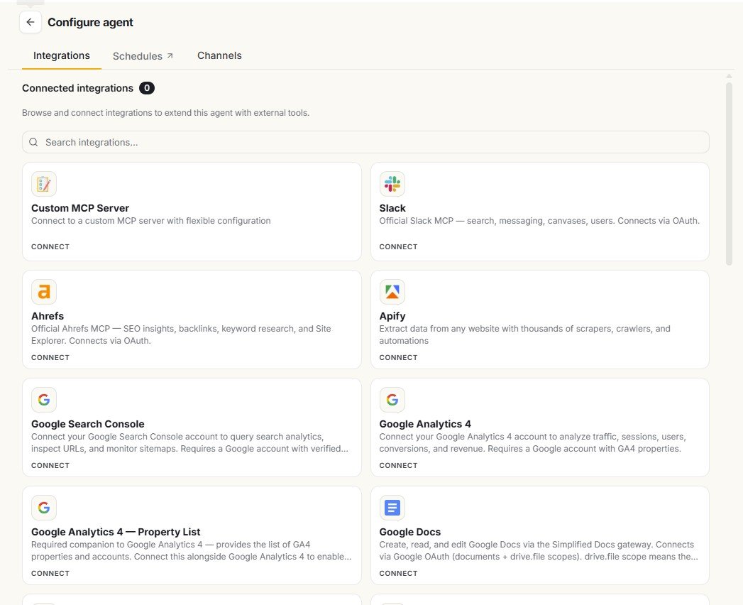 Simplified Riley integrations with MCP Server, Slack, Ahrefs, Apify, Google Search Console, GA4 and Google Docs