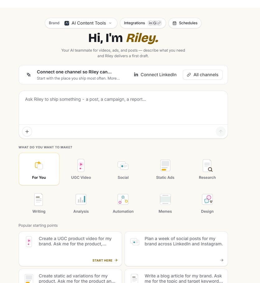 Simplified Riley AI teammate dashboard with content creation categories and brand selection