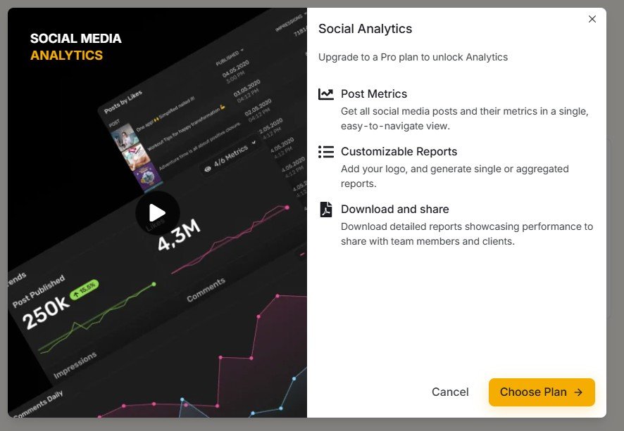Simplified Social Analytics Pro upgrade screen with post metrics and reporting features