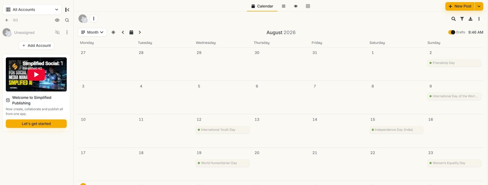 Simplified social media publishing calendar showing scheduled content and account controls