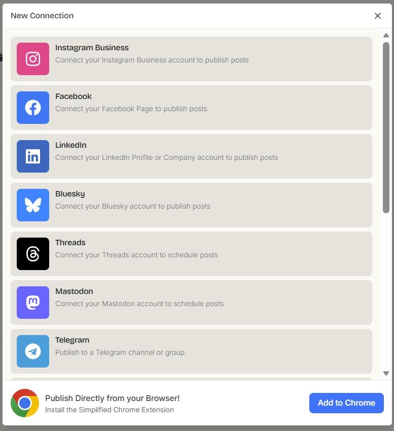 Simplified social media connection window with Instagram, Facebook, LinkedIn, Bluesky, Threads, Mastodon and Telegram